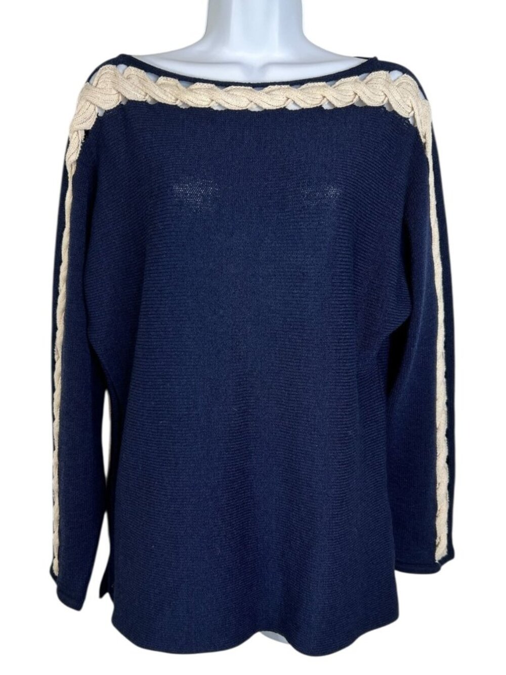 St John Sport Santana Knit Sweater Nautical Rope Detail Boat Neck Navy Blue LG